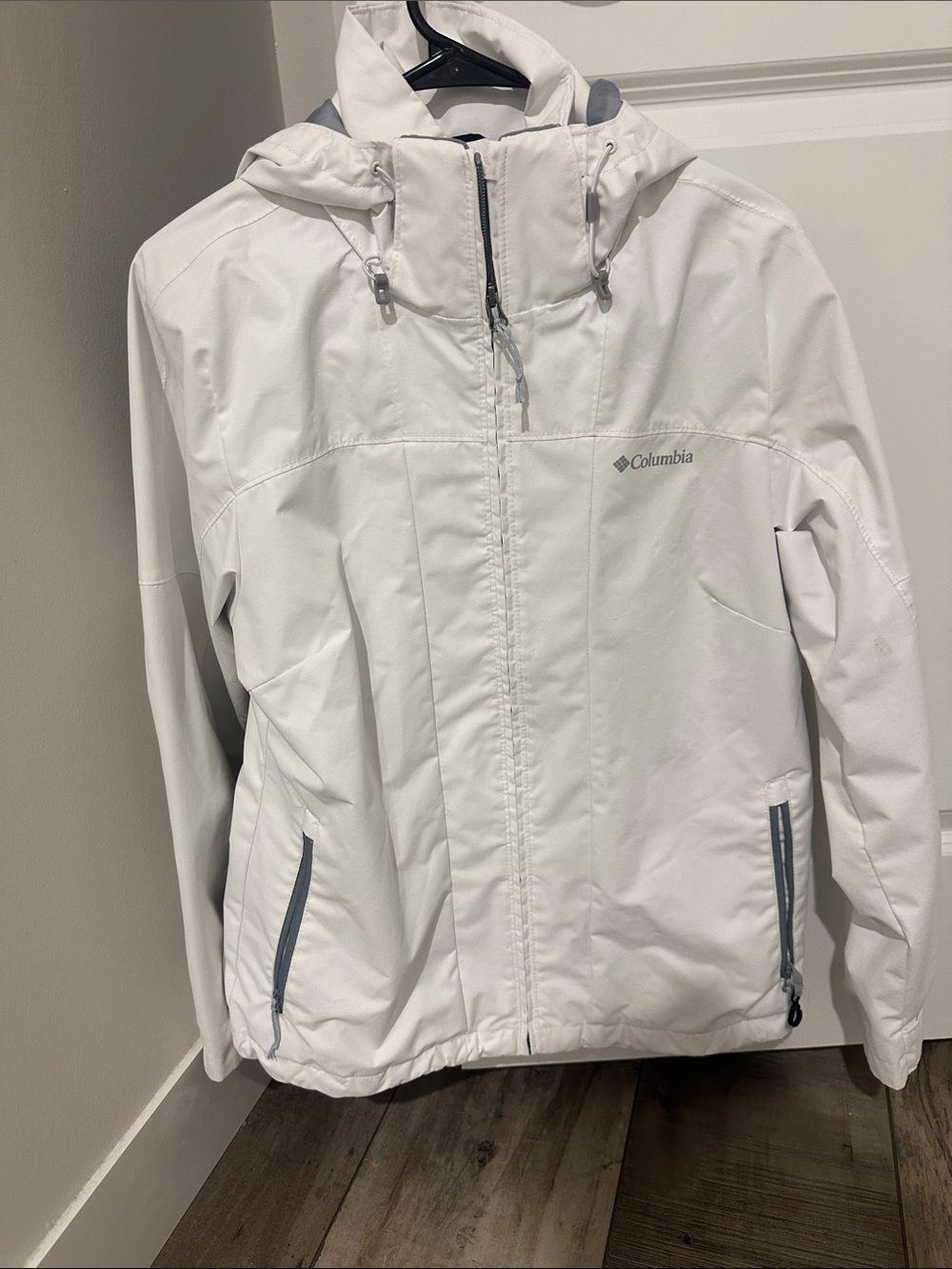 Columbia Kids White Hooded Rain Jacket with Gray Trim